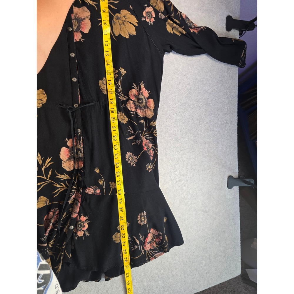 Free People Dress Womens Medium Black Floral Boho Drawstring Ruffle Hem Fall - Picture 13 of 13